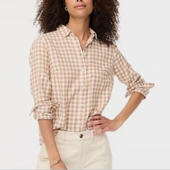 J. Crew Tops - J. CREW Gingham Checked Camel White Long Sleeves Size X-Small